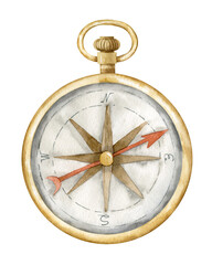 Vintage golden hand Compass. Watercolor drawn illustration of old retro nautical navigation equipment on isolated white background for travel and adventure. Drawing of navigate object for icon or logo