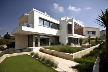 Fototapeta premium exterior of contemporary mediterranean house, with sleek and modern lines, created with generative ai