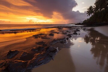 oil spill creeping onto pristine beach, with view of tropical sunset in the background, created with generative ai