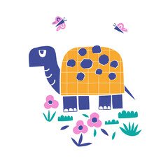 Turtle reptile animal paper shape cutouts style vector illustration. Scandinavian childish wild tropical safari summer pre-made print design.