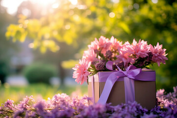 Obraz premium Wrapped Mother's Day gift box, adorned with a silky ribbon, colorful flowers. Outside Sunny Weather.