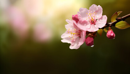 Naklejka na ściany i meble Sakura flowers or Cherry blossoms in full bloom on a pink background and backdrop, copy space for text, good as banner and wallpaper, season greetings, and other design material.