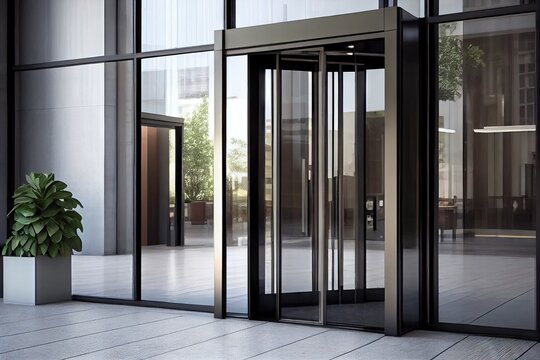 office or hotel entrance with automatic sliding doors, for convenience and ease of access, created with generative ai