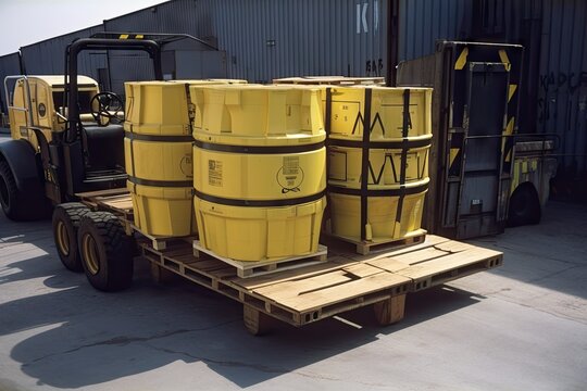 nuclear waste being transported in sealed barrels and crates, created with generative ai