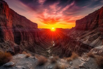 majestic sunset over fiery canyon, with the sun casting its last rays before disappearing below the horizon, created with generative ai