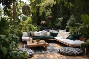 outdoor lounge area, with plush cushions and throw pillows, surrounded by greenery, created with generative ai - obrazy, fototapety, plakaty