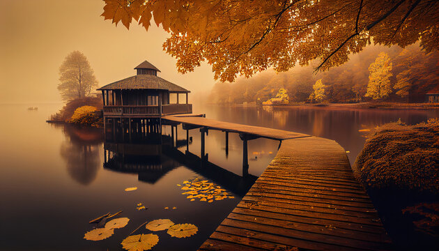 A Misty Lake with a Pier and Autumn Foliage Landscape Background AI Generative