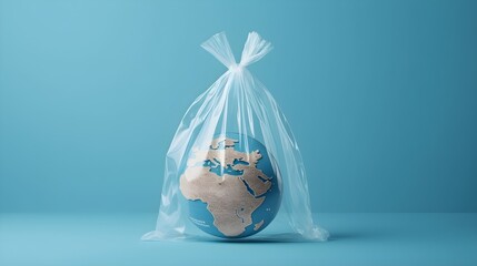 Earth globe in a transparent plastic bag, global warming concept, environment concept, the concept of saving the planet earth. Plastic free world day, save our earth.
