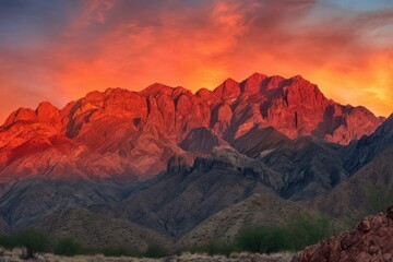 majestic mountain range standing guard over fiery canyon sunset, created with generative ai