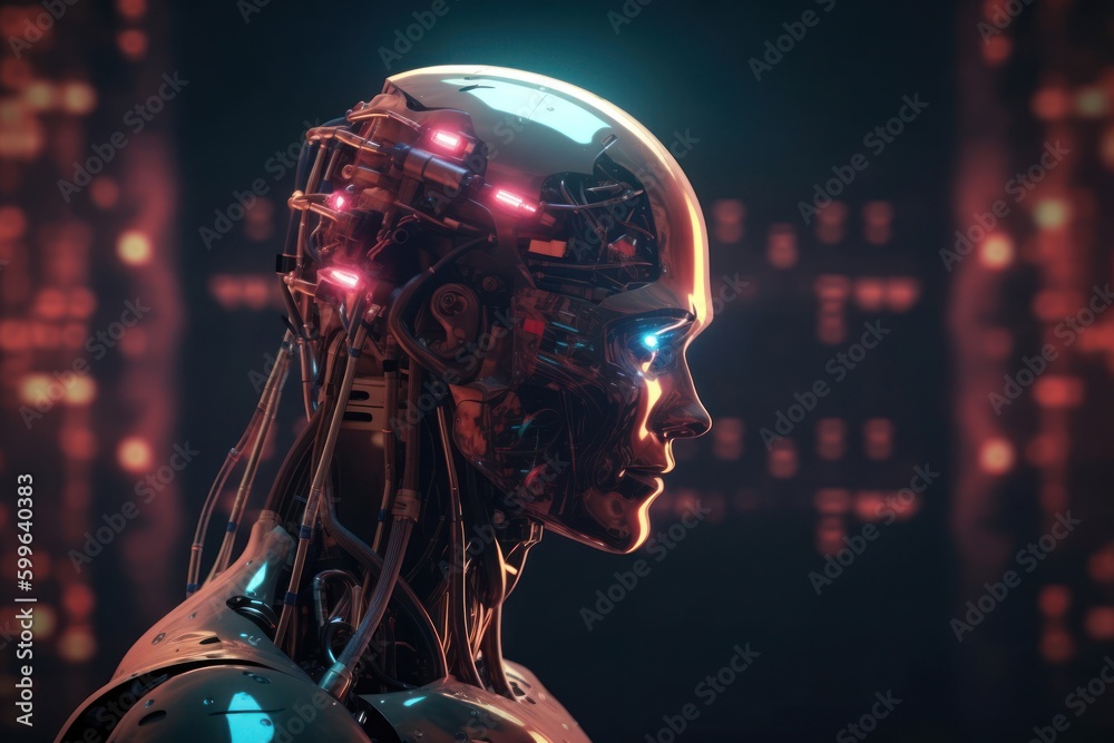 Poster robot computer style background with copyspace generative ai