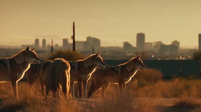 A pack of coyotes howling in the distance Generative AI 