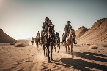 nomadic tribe traveling on horseback in open desert, created with generative ai
