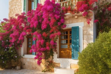 exterior of classic mediterranean house with lush bougainvillea climbing up the walls, created with generative ai