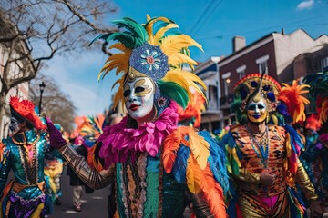 Fototapeta na wymiar mardi gras parade, with colorful costumes and masks, dancing in the streets, created with generative ai