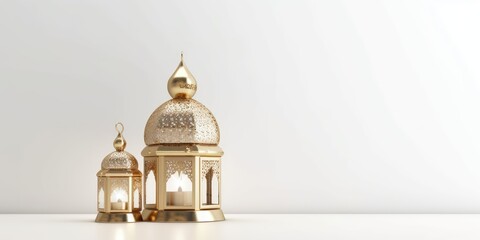 Fototapeta premium Realistic modern Islamic holiday banner for eid al adha. eid al fitr white background. Golden lantern decoration with space for text. generative ai illustration.