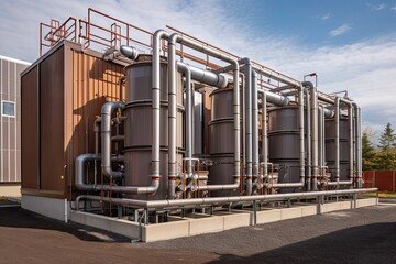 Fototapeta na wymiar geothermal energy system, with heat exchanger and piping delivering heat to nearby building, created with generative ai