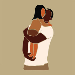 Modern black father carrying daughter in elegant line art style vector