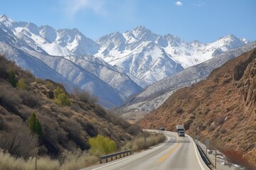 view of scenic highway rolling through the mountains, with snow-capped peaks in the background, created with generative ai
