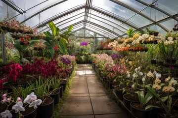 greenhouse filled with colorful orchids and bromeliads, created with generative ai