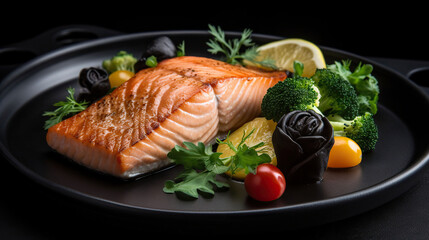 When Taste Meets Style, Grilled Salmon and Veggies on a Gorgeous Black Stone Plate. AI Generative