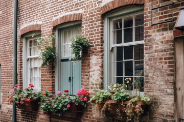 Fototapeta na wymiar exposed brick exterior with traditional shutters and hanging baskets in the window, created with generative ai