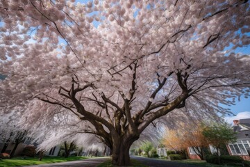 cherry blossom tree in full bloom, surrounded by blooming cherry trees, created with generative ai