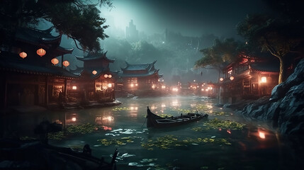 In the surreal CG rendering of ancient China, fairyland, river, night, the stars are bright, the fog is fantasy, summer time. AI Generative