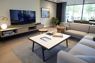 Fototapeta premium smart tv with video conference, white coffee table and grey sofa, created with generative ai