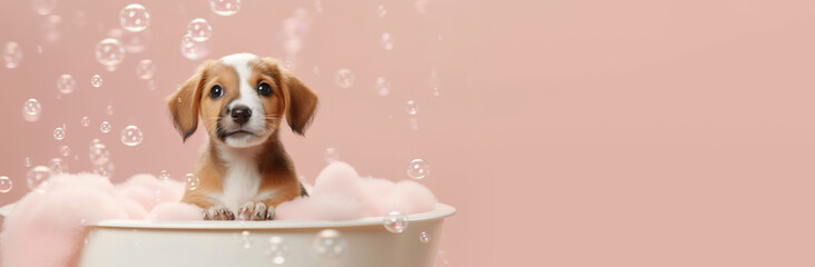 A cute puppy bathes in a bathtub with soapy foam on pink background. Banner, copy space. AI generation