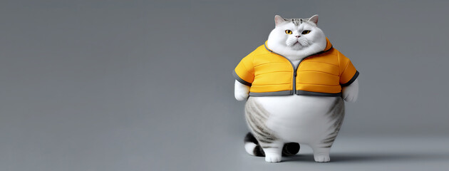 Fat cat in a yellow jacket on a gray background, banner, space for text. AI generation