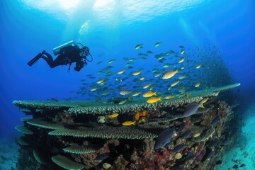 scuba diver taking in the view of vibrant corral reef, with schools of fish swimming by, created with generative ai