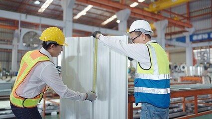 Two Asian man workers in safety uniform working at manufacturing in metal plant and measuring size of the metal roof