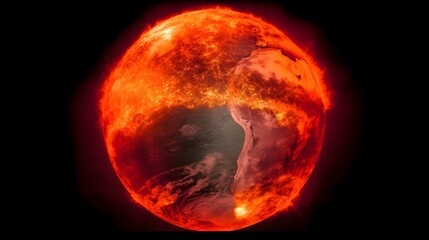 Illustration of the earth world globe on fire or burning increasing the temperature. Climate change, burning earth global warming concept. Generative AI technology.