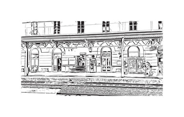 Building view with landmark of  Riviera Maya is a tourism and resort in Mexico. Hand drawn sketch illustration in vector.