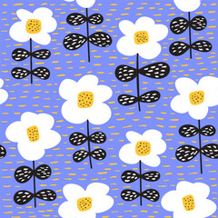 Modern floral vector seamless pattern. Colorful abstract flowers trendy background. Simple shapes hand drawn flowers repeatable backdrop for surface design