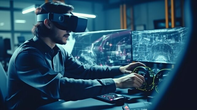 On the chassis platform of an electric car, an automotive engineer is at work. Create the system using 3D VFX software and a virtual reality headset. The Generative AI