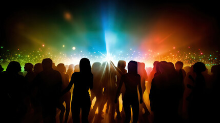 Party crowd silhouette on a disco lights background. AI Generative