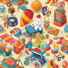a very colorful illustration of a bunch of toys pattern