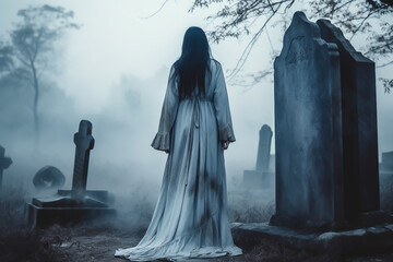 A woman ghost in white cloth with creepy eyes in horrible background with mist Generative AI.