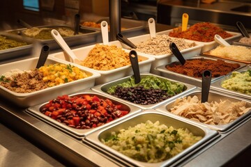 burrito bar, with different fillings and toppings on display, created with generative ai