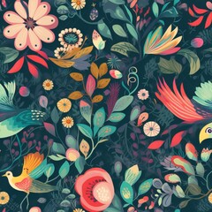 seamless background of a bunch of colorful flowers and birds on a black background