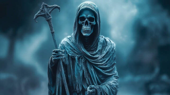 A grim reaper in horrible background with mist Generative AI