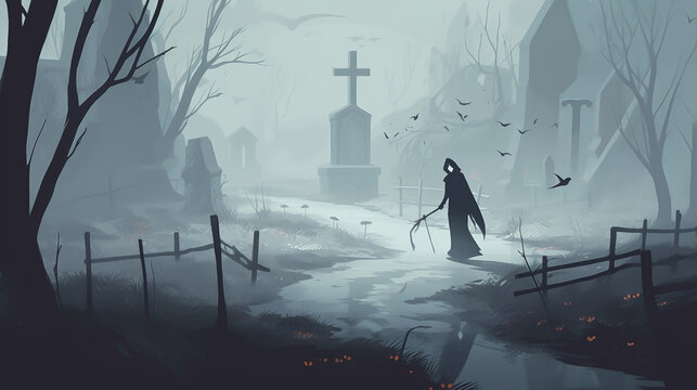 A grim reaper in horrible background with mist Generative AI