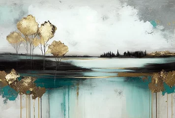Rollo Splashes of bright paint on the canvas. Landscape. Gold, black, blue and gray colors. Interior painting. Beautiful background. Generative AI. © OLA LA MERKEL