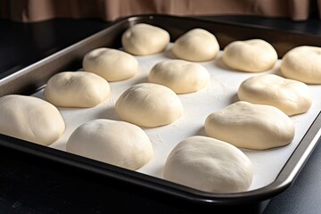Fototapeta na wymiar tray of pizza dough, ready for toppings and baking in the oven, created with generative ai