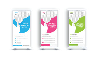 Creative Colorful Stylish corporate roll up banner design in curve shape layout, geometric triangle and exhibition ads pull up design x-banner design template