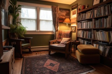 library, with reading nook and cozy armchair, for quiet and peaceful study, created with generative ai