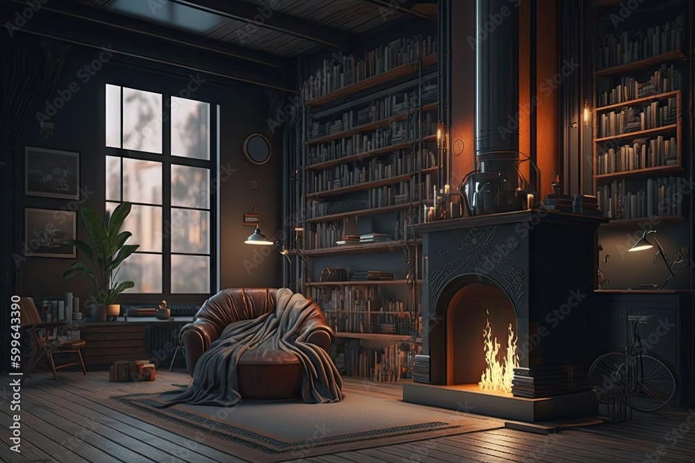 Sticker industrial home, with cozy fireplace and bookshelf, for relaxing evening, created with generative ai