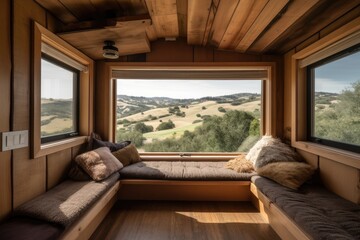 Fototapeta premium cabin retreat with window seat and view of rolling hills, created with generative ai