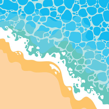 Vector illustration of tropical beach in daytime. Sea coast with sand and ocean wave. Cartoon vector beach with sandy seaside, blue transparent water surface. Paradise island, exotic tropical beach